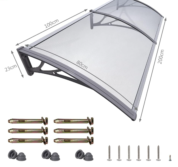 Grey Front Door Canopy Outdoor Awning and Rain Shelter for Back Door, Porch, and Window