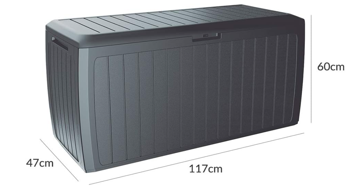 300 Litre Wood Effect Garden Storage Box | Plastic Outdoor Patio Parcel Tool Chest Log Store | 117x47x60cm