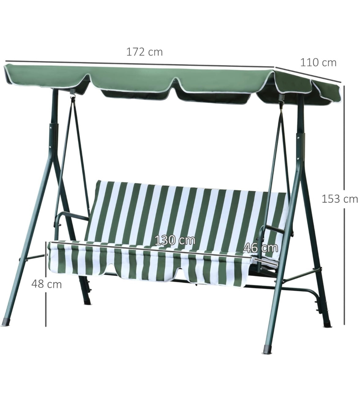 Outdoor 3 Seater Canopy Swing Chair Garden Bench with Adjustable Canopy and Metal Frame Blue