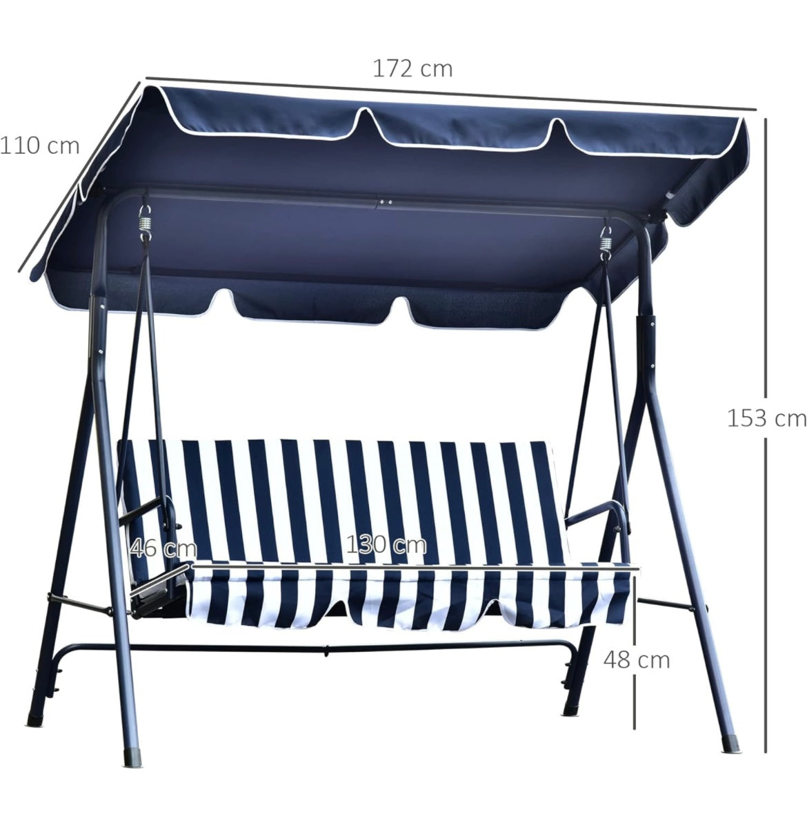 Outdoor 3 Seater Canopy Swing Chair Garden Bench with Adjustable Canopy and Metal Frame Blue