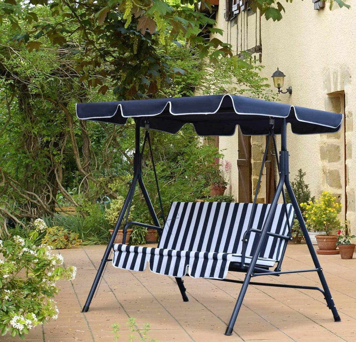 Outdoor 3 Seater Canopy Swing Chair Garden Bench with Adjustable Canopy and Metal Frame Blue