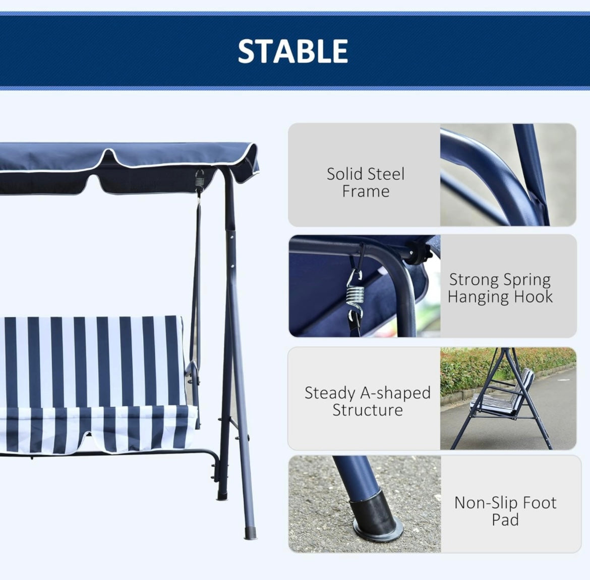 Outdoor 3 Seater Canopy Swing Chair Garden Bench with Adjustable Canopy and Metal Frame Blue