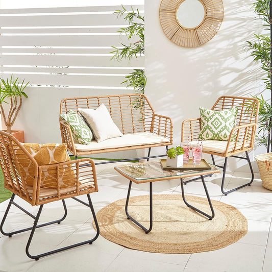 Neo Garden Wicker Rattan Patio Furniture Set – Outdoor/Indoor Sofa, Chairs, and Table with Cushions for Balcony or Conservatory (Natural)