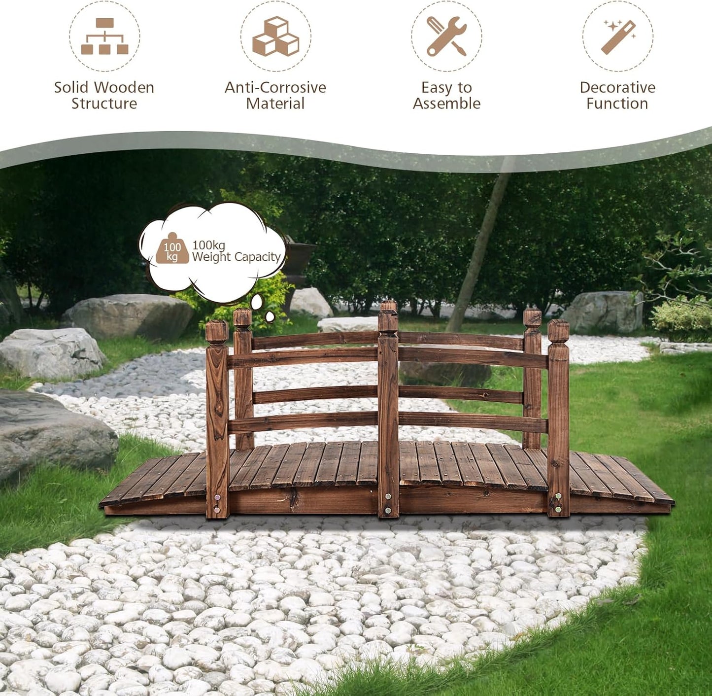 1.5M Wooden Garden Bridge with Safety Guardrails - Decorative Arc Footbridge for Outdoor Walkways