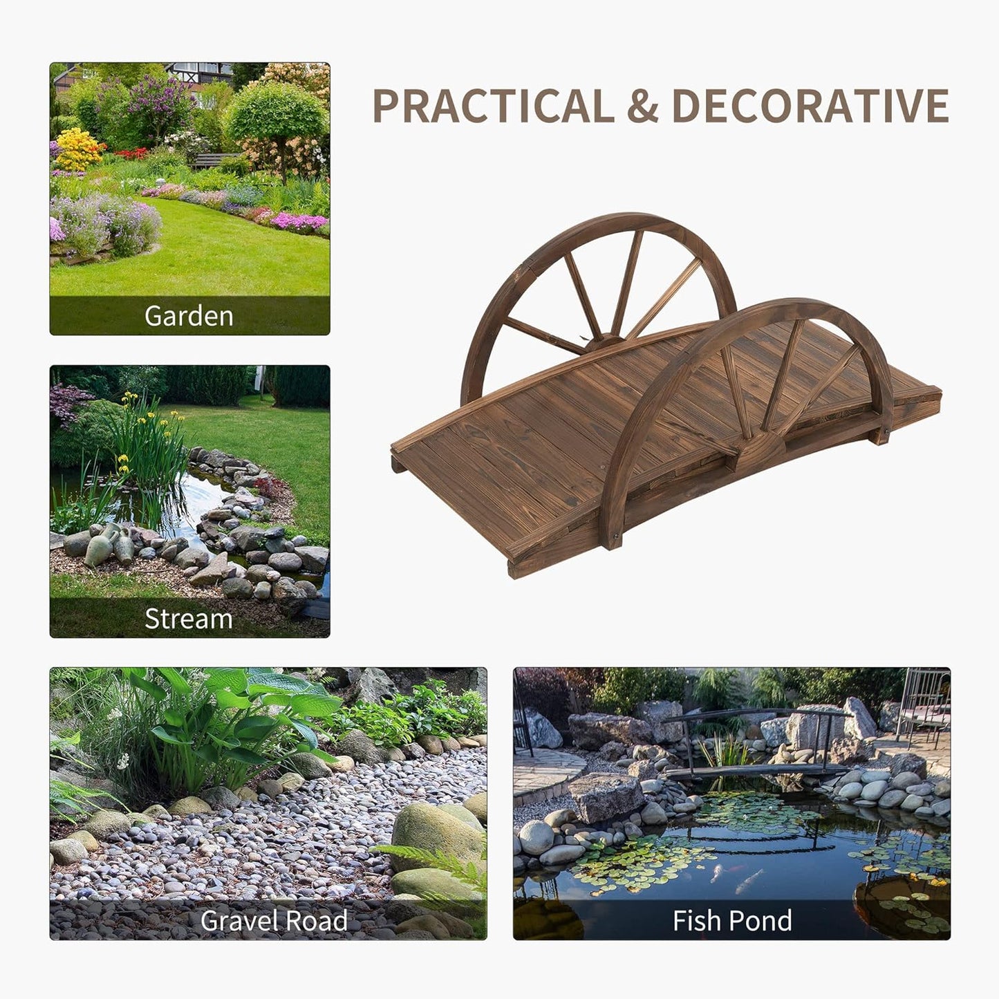 Wooden Garden Bridge Lawn Décor Stained Finish Arc Outdoor Pond Walkway