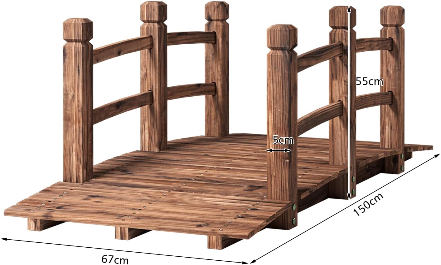 1.5M Wooden Garden Bridge with Safety Guardrails - Decorative Arc Footbridge for Outdoor Walkways