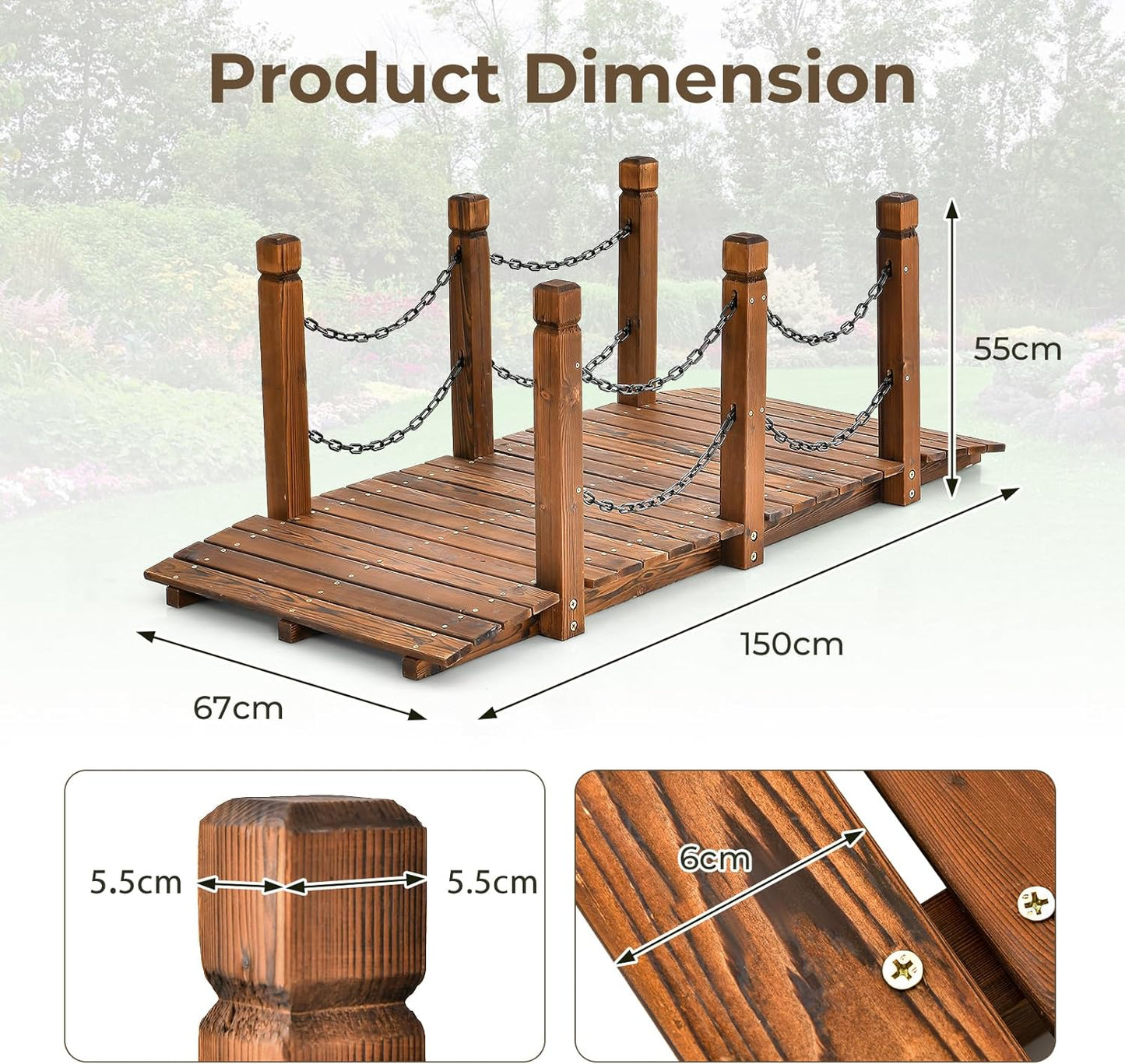 1.5M Wooden Garden Bridge with Safety Guardrails - Decorative Arc Footbridge for Outdoor Walkways