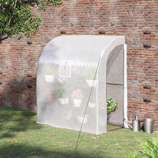 Walk-In Lean to Wall Greenhouse with Windows and Doors 2 Tiers 4 Wired Shelves for Garden