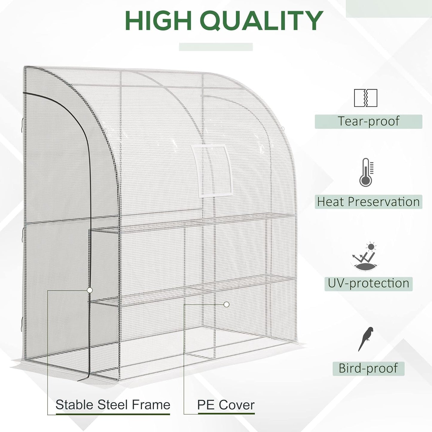 Walk-In Lean to Wall Greenhouse with Windows and Doors 2 Tiers 4 Wired Shelves for Garden