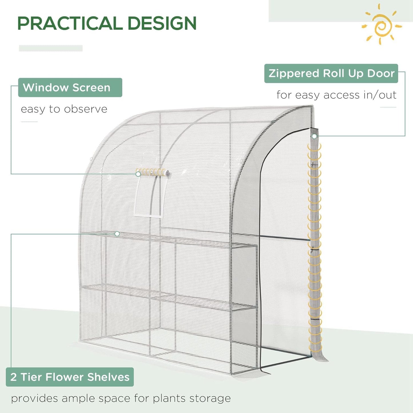 Walk-In Lean to Wall Greenhouse with Windows and Doors 2 Tiers 4 Wired Shelves for Garden