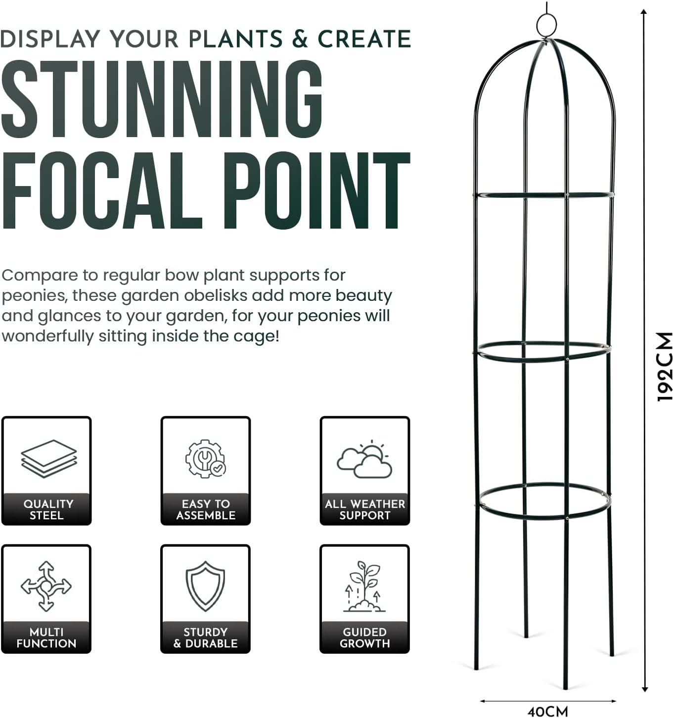 Metal Garden Obelisk - 1.9m Steel Frame Trellis for Climbing Plants, Vines, and Floral Décor