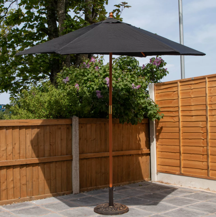 2.4m Wooden Garden Patio Sun Shade Parasol with Shaft & Pulley in Black