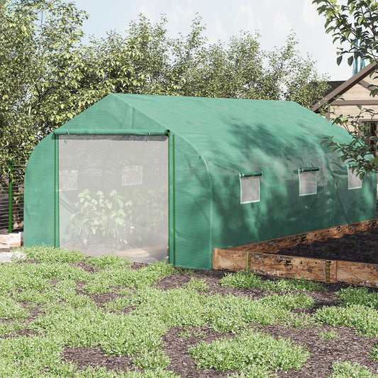 Garden Walk-In Tunnel Greenhouse with Roll-Up Mesh Door and PE Cover, Featuring 6 Windows