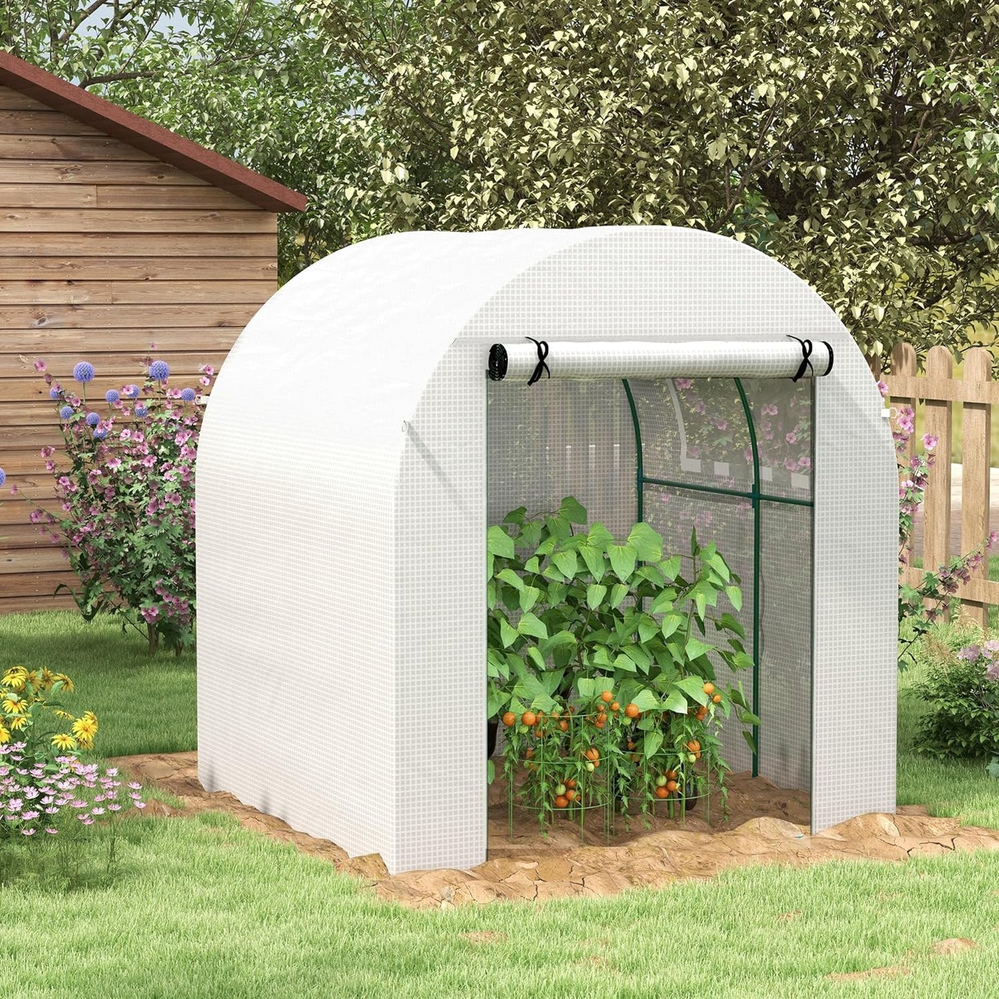 1.8 x 1.8 x 2m Walk-In Polytunnel Greenhouse with Roll-Up Window and Door, Steel Frame