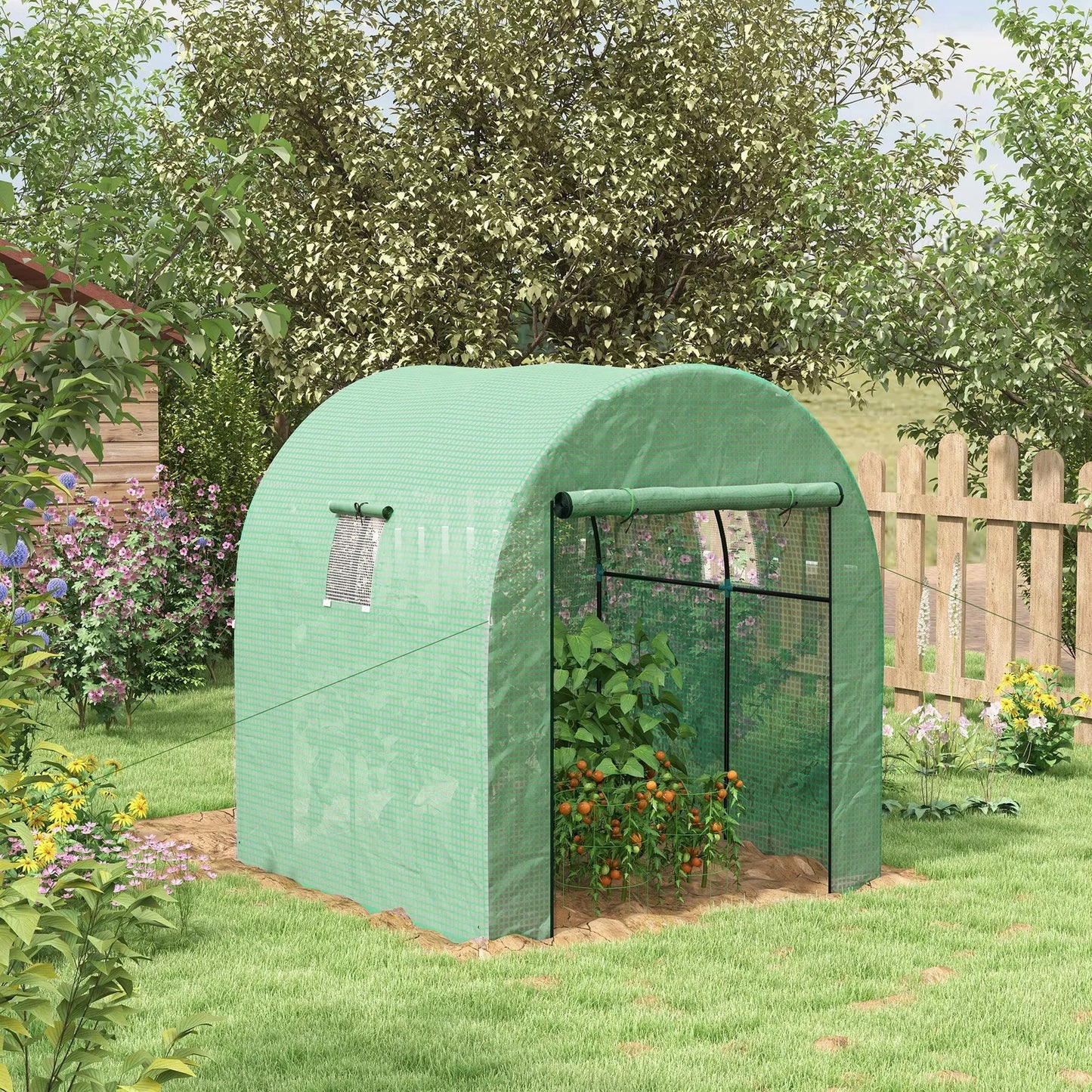 1.8 x 1.8 x 2m Walk-In Polytunnel Greenhouse with Roll-Up Window and Door, Steel Frame