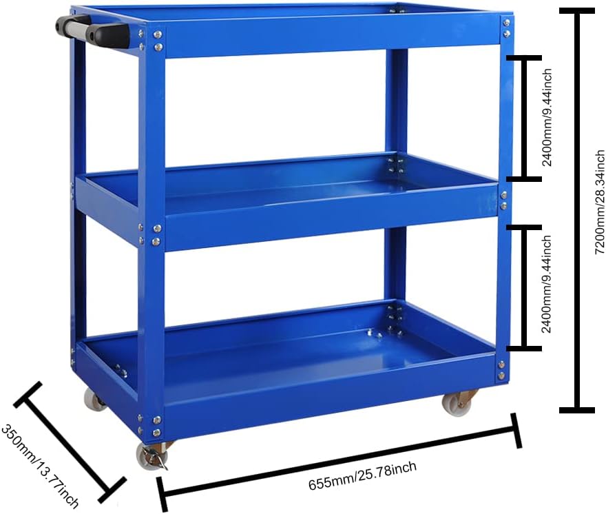 Heavy Duty 3-Tier Tool Storage Trolley Cart with Wheels for Garage Workshop