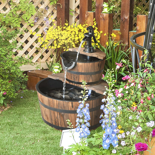 Outdoor Wooden Water Pump Fountain with 2 Tier Cascading Feature for Garden Décor