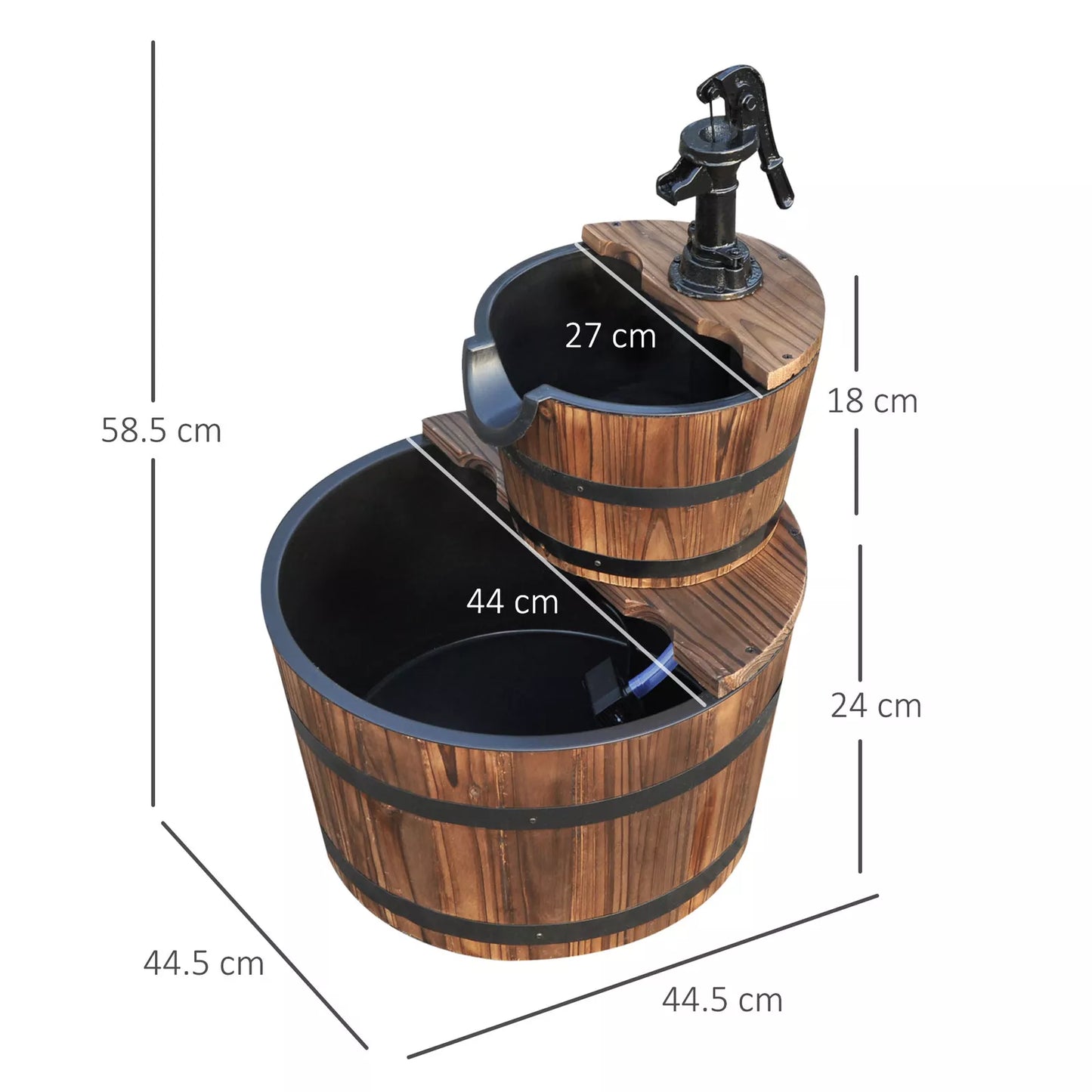 Outdoor Wooden Water Pump Fountain with 2 Tier Cascading Feature for Garden Décor