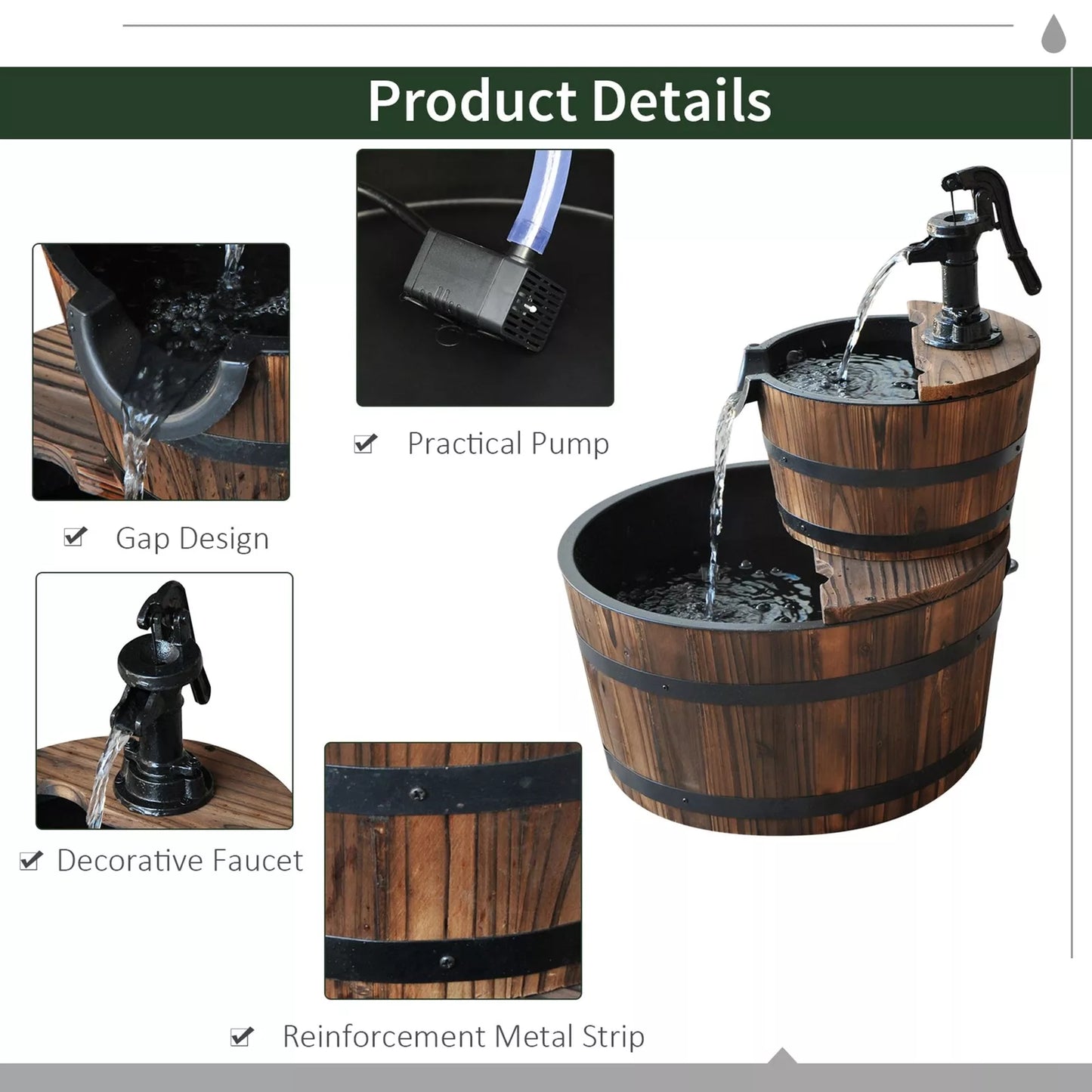 Outdoor Wooden Water Pump Fountain with 2 Tier Cascading Feature for Garden Décor