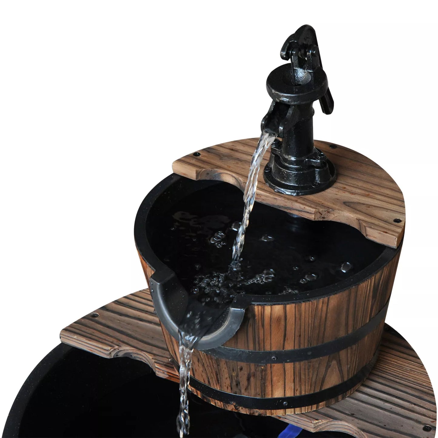 Outdoor Wooden Water Pump Fountain with 2 Tier Cascading Feature for Garden Décor