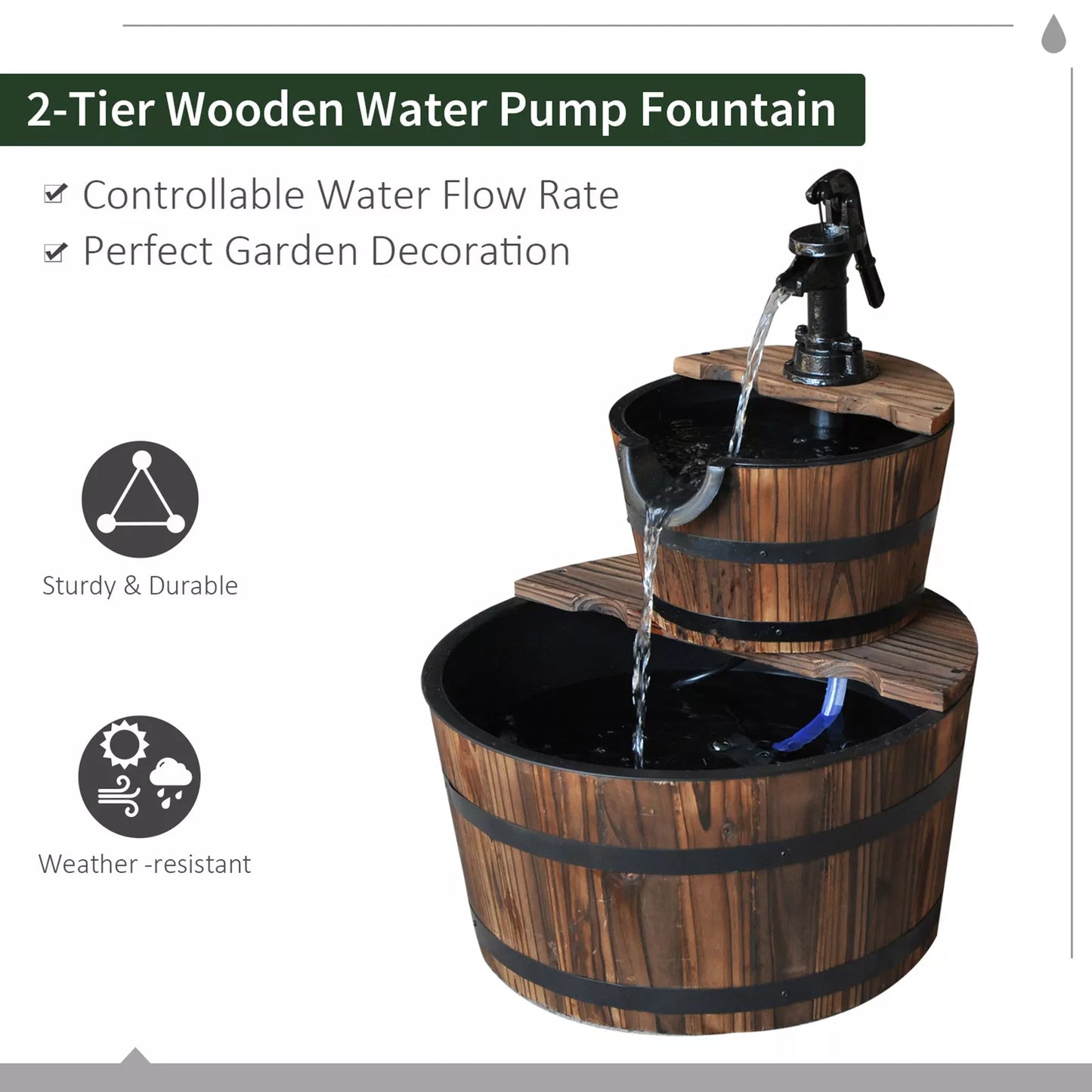 Outdoor Wooden Water Pump Fountain with 2 Tier Cascading Feature for Garden Décor