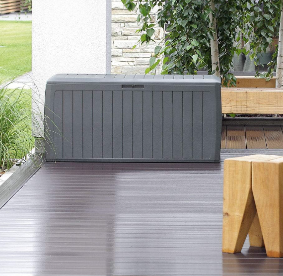 300 Litre Wood Effect Garden Storage Box | Plastic Outdoor Patio Parcel Tool Chest Log Store | 117x47x60cm