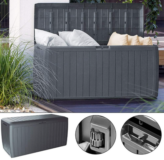 300 Litre Wood Effect Garden Storage Box | Plastic Outdoor Patio Parcel Tool Chest Log Store | 117x47x60cm