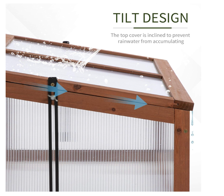 Wooden Cold Frame, Small Polycarbonate Greenhouse with Openable & Tilted Top Cover, 100 x 65 x 40cm