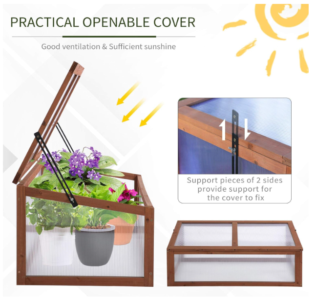 Wooden Cold Frame, Small Polycarbonate Greenhouse with Openable & Tilted Top Cover, 100 x 65 x 40cm