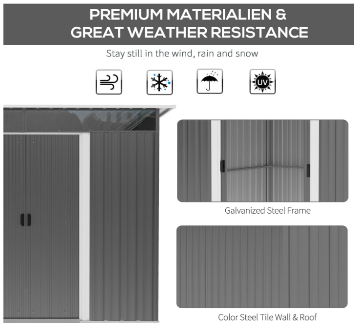 8.5 x 6ft Grey Metal Garden Shed with Lightsky Panels and Double Doors for Garden