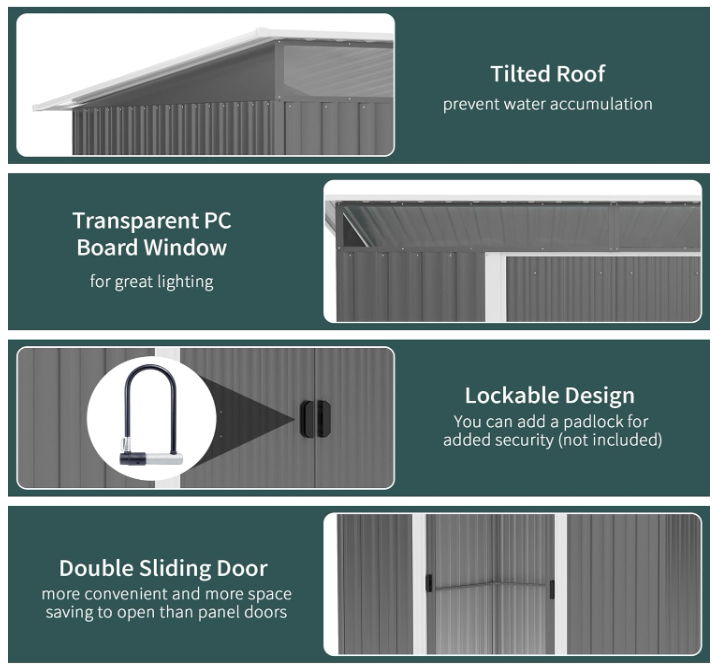 8.5 x 6ft Grey Metal Garden Shed with Lightsky Panels and Double Doors for Garden