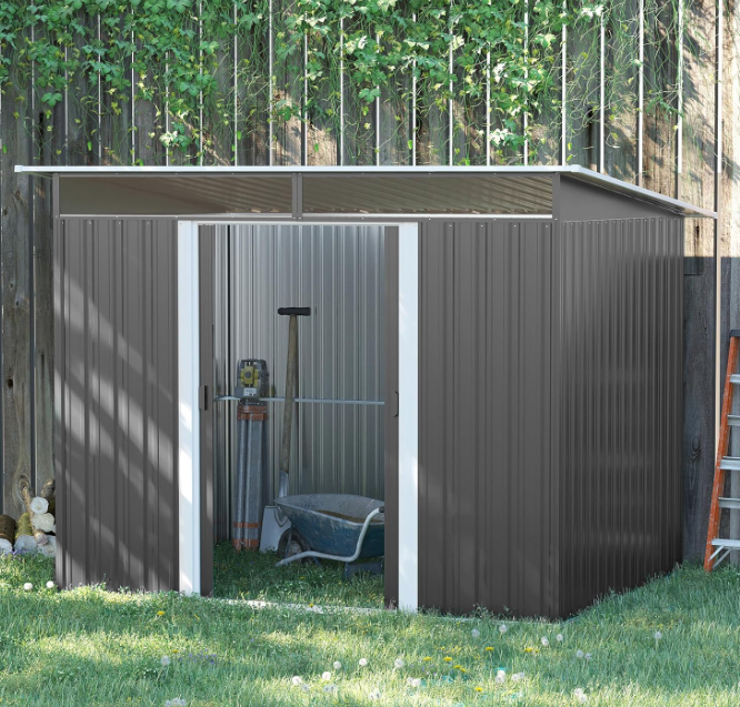 8.5 x 6ft Grey Metal Garden Shed with Lightsky Panels and Double Doors for Garden