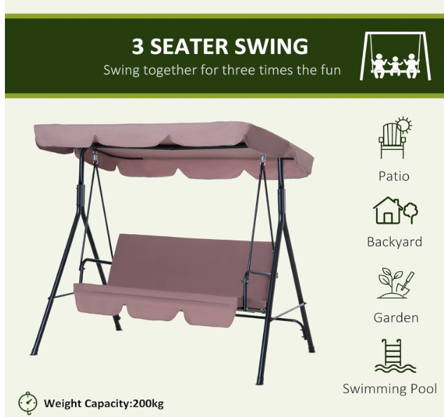 Heavy Duty 3 Seater Canopy Swing Chair Garden Rocking Bench Metal Patio Seat with Top Roof Garden