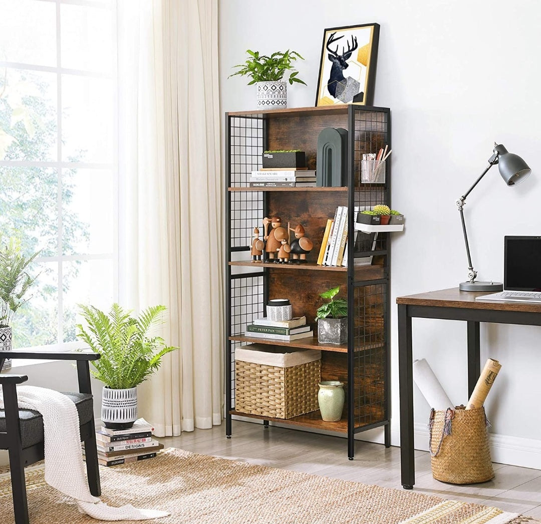 Bookcase, Office Storage Shelf, 4 Tiers for Books, Decorations, Stable Steel Frame