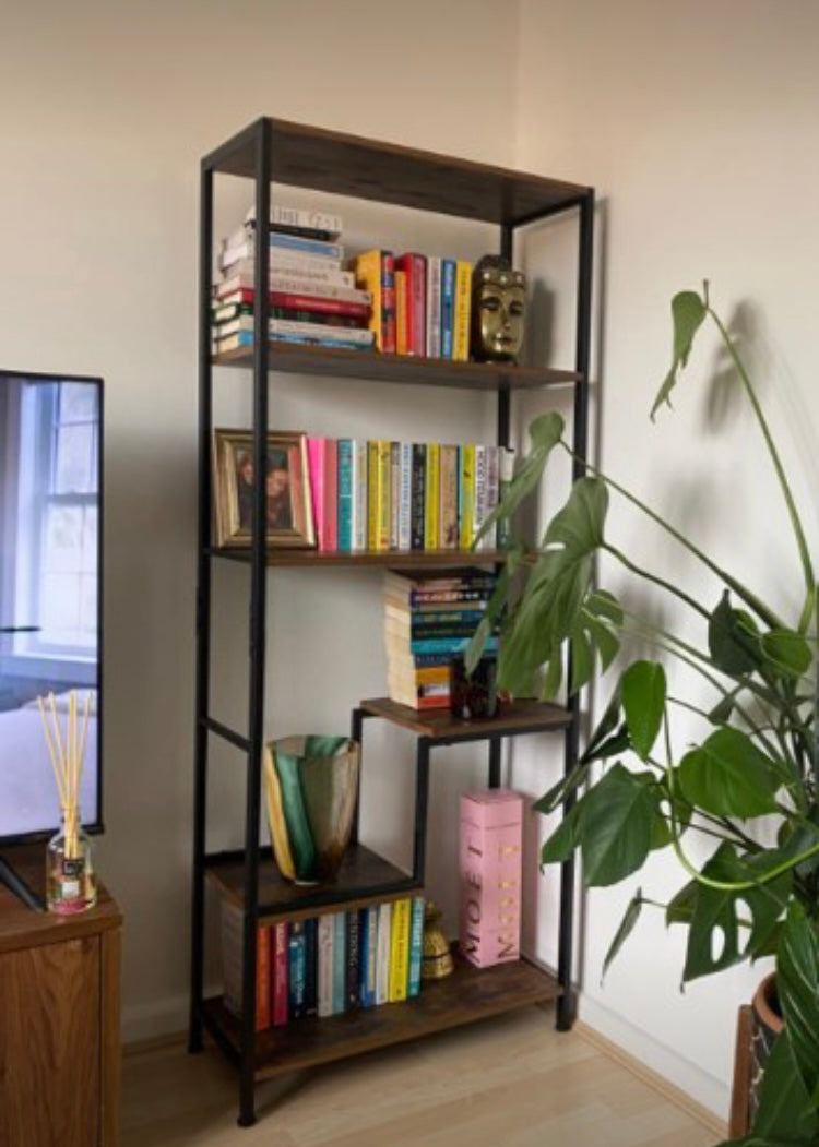 Bookcase Industrial Bookshelf 5-Tier Display Storage Rack Wooden Shelving Unit with Metal Frame