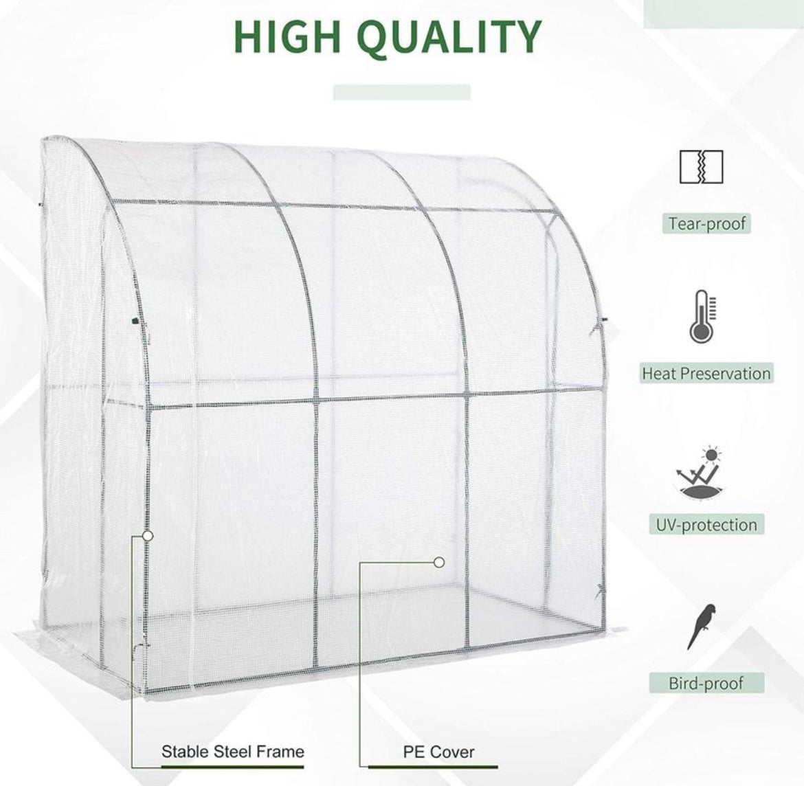 Outdoor Walk-In Lean to Wall Greenhouse with Zippered Roll Up Door and PE Cover