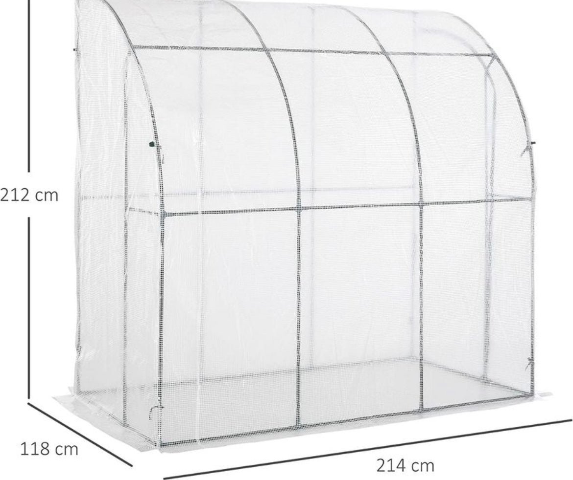 Outdoor Walk-In Lean to Wall Greenhouse with Zippered Roll Up Door and PE Cover