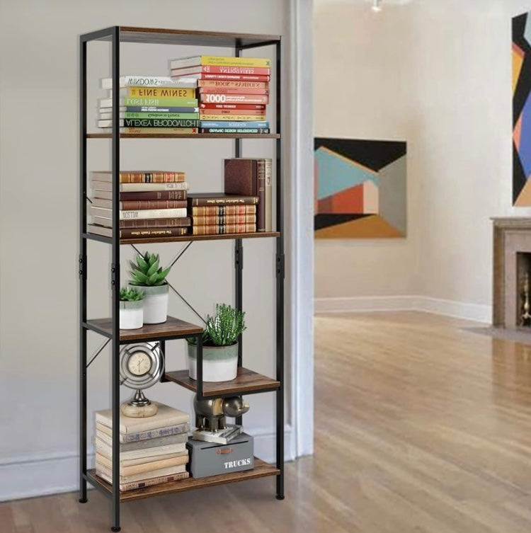 Bookcase Industrial Bookshelf 5-Tier Display Storage Rack Wooden Shelving Unit with Metal Frame