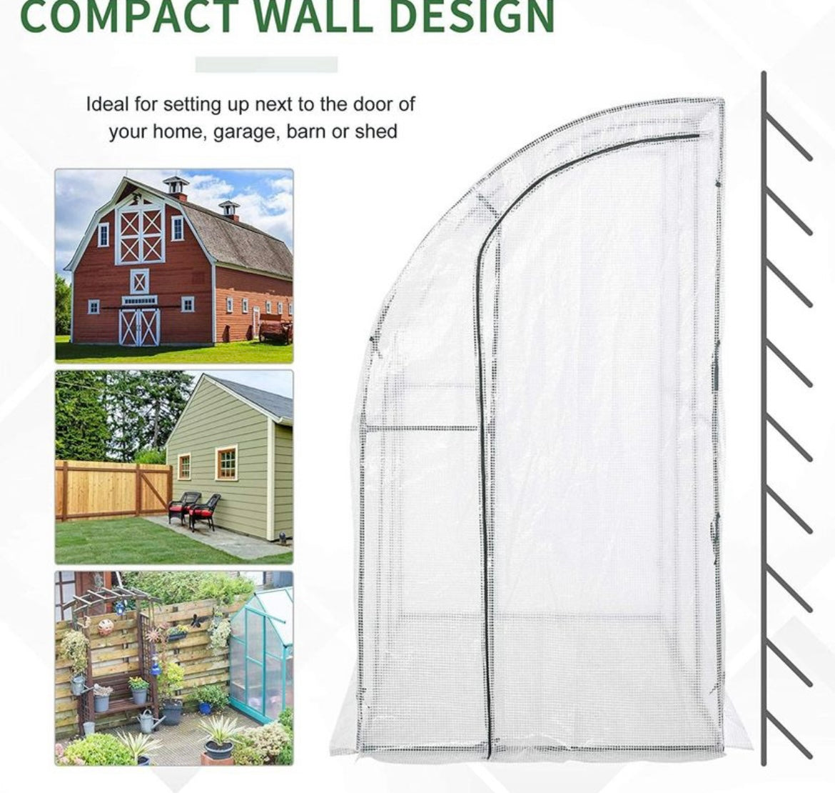 Outdoor Walk-In Lean to Wall Greenhouse with Zippered Roll Up Door and PE Cover