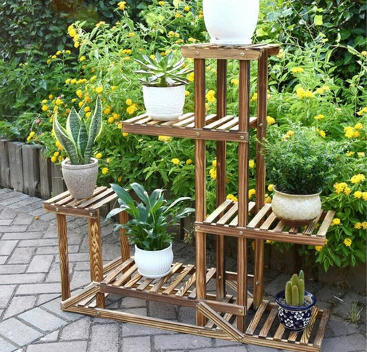 5 Ladders Flower Plant Pots Shelf Stand Display Garden Rattan Rack Natural Wood